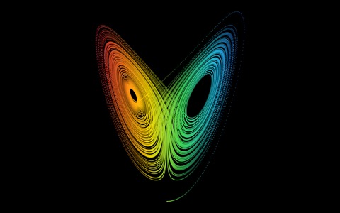 Lorenz attractor rendered as a glowing rainbow point cloud on black, forming the characteristic two-lobed butterfly strange attractor