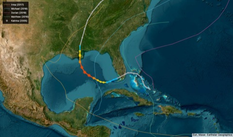 Atlantic hurricane tracks: Katrina (2005) path colored by wind intensity category with marker size proportional to wind speed, plus spaghetti lines for Irma, Michael, Dorian, and Matthew