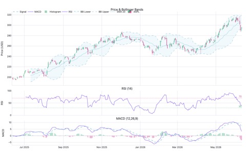 Three-panel chart for AAPL: top panel shows candlestick with 20-day Bollinger Bands, middle shows RSI-14 with 30/70 reference lines, bottom shows MACD histogram plus signal line
