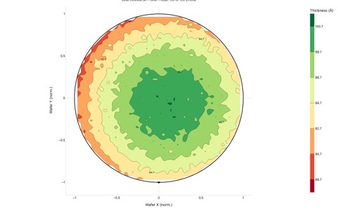 Filled contour plot of oxide thickness (Å) across a normalized wafer, with labeled isolines and circular wafer boundary, RdYlGn colorscale centered at 100 Å