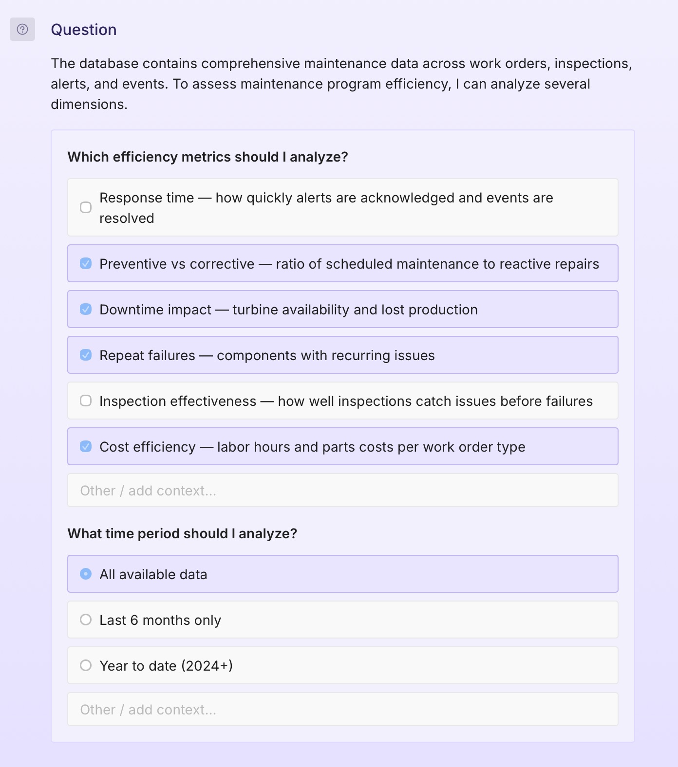 Screenshot of Plotly Studio showing a questionnaire on how to define 'efficiency'.