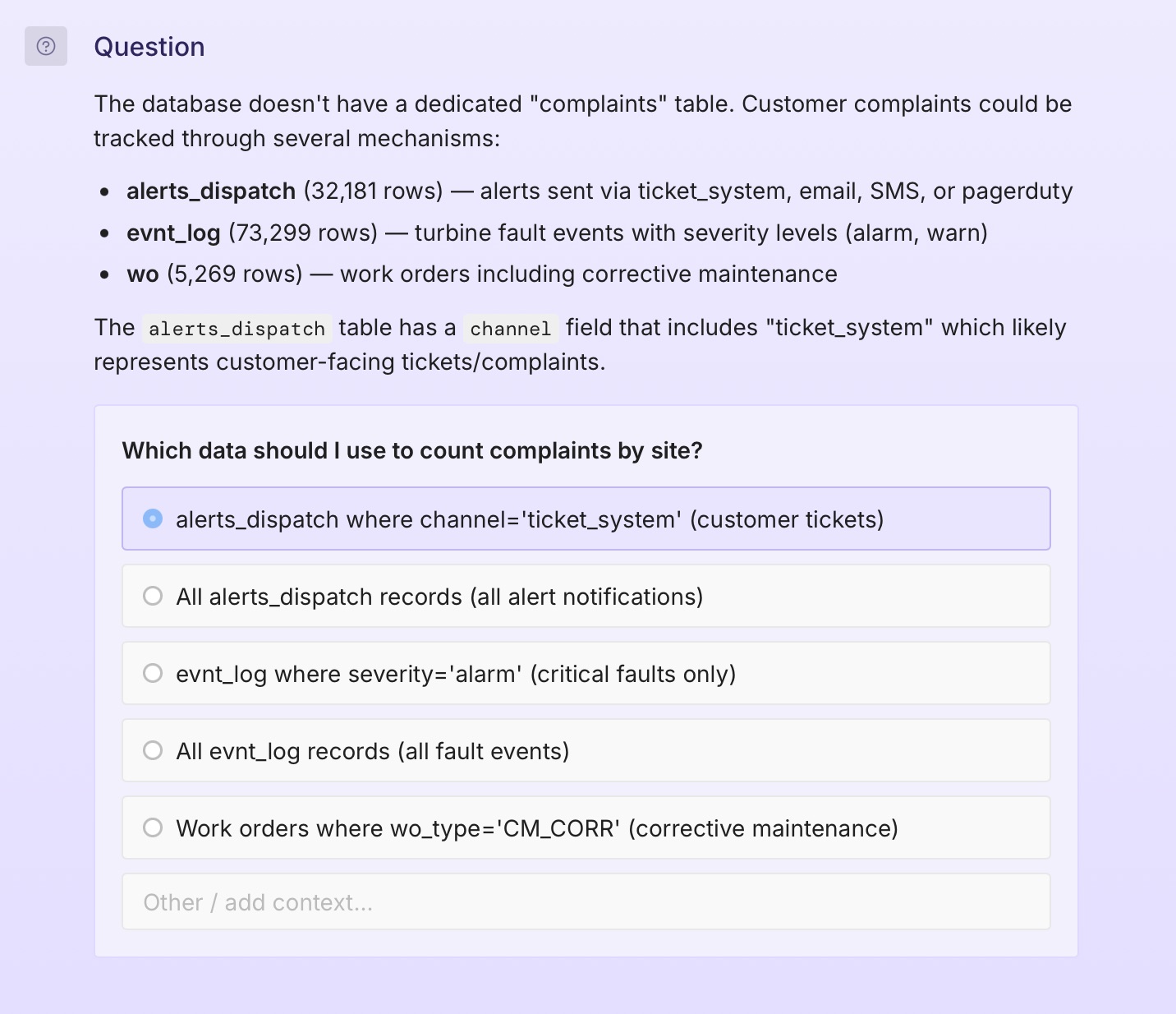 Screenshot of Plotly Studio showing a questionnaire on how to define complaints.