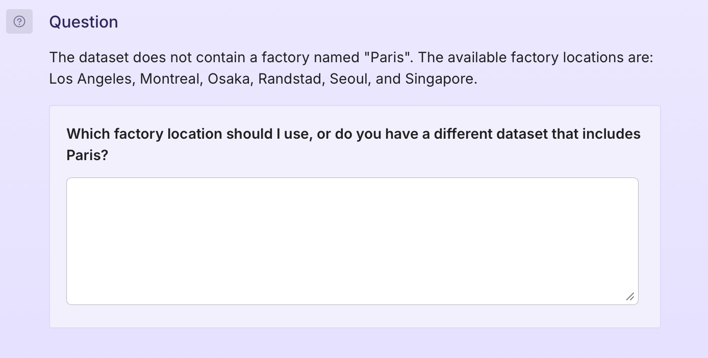 Screenshot of Plotly Studio telling the user that 'Paris' was not in the dataset.