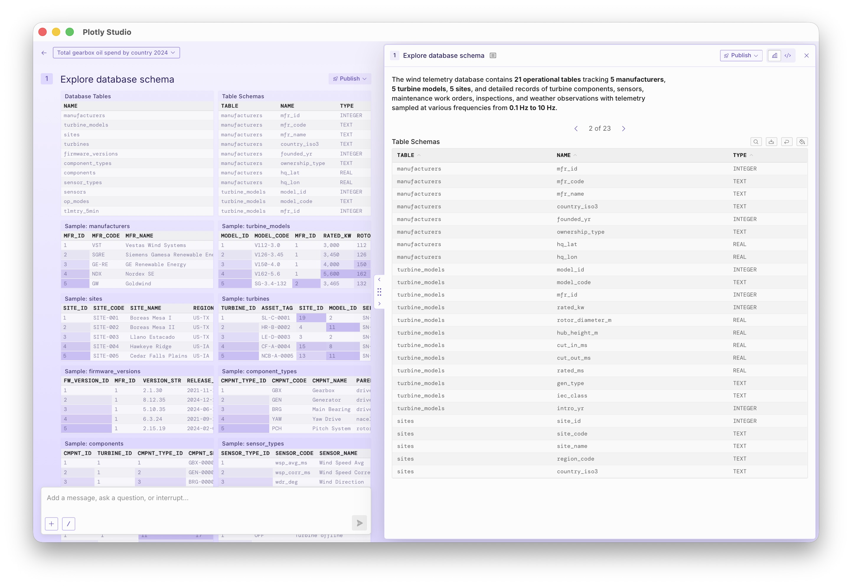Screenshot of Plotly Studio showing several tables exploring a manufacturing schema.