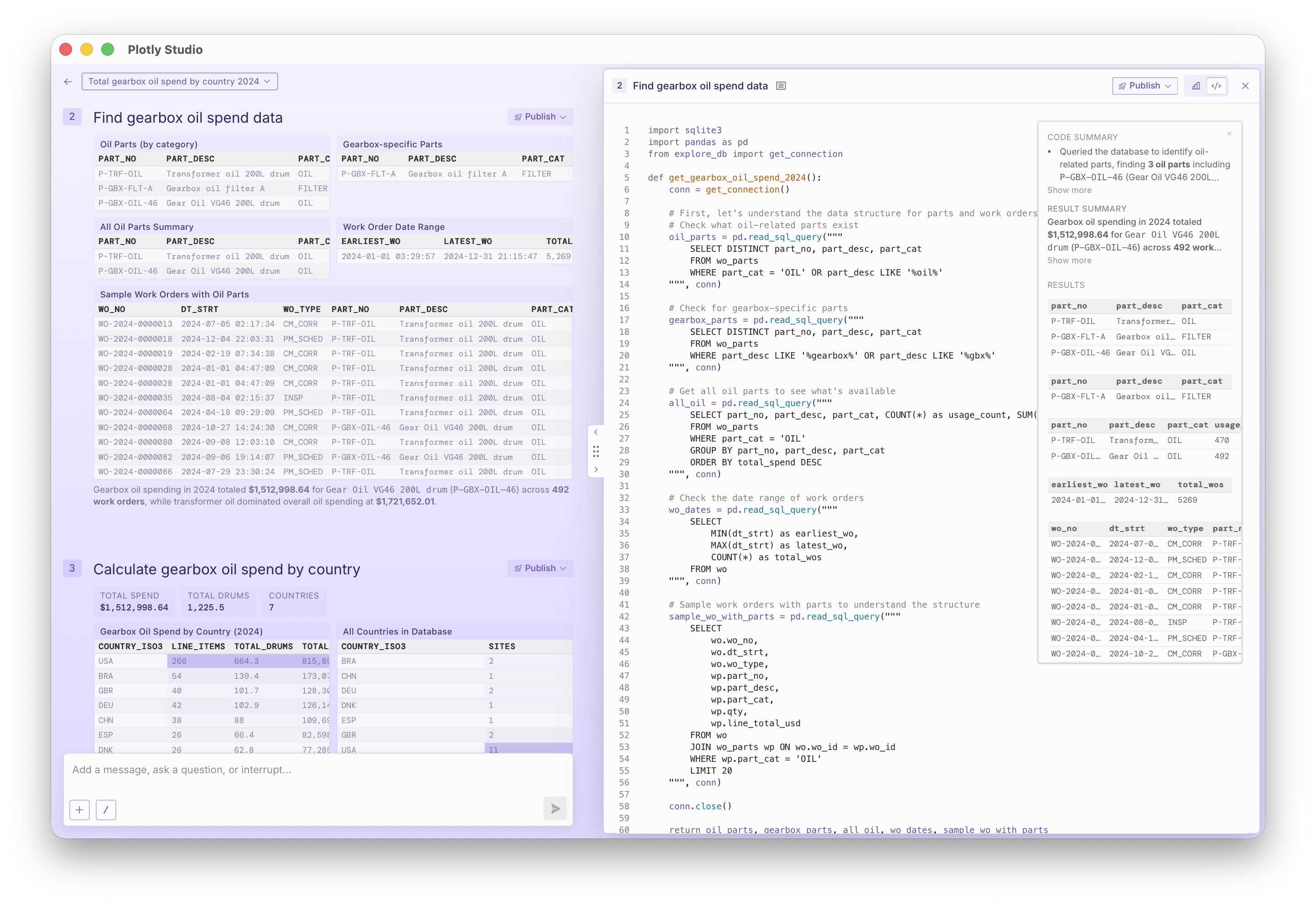 Screenshot of Plotly Studio showing code that contains SQL queries that are doing searches for terms like 'gearbox'