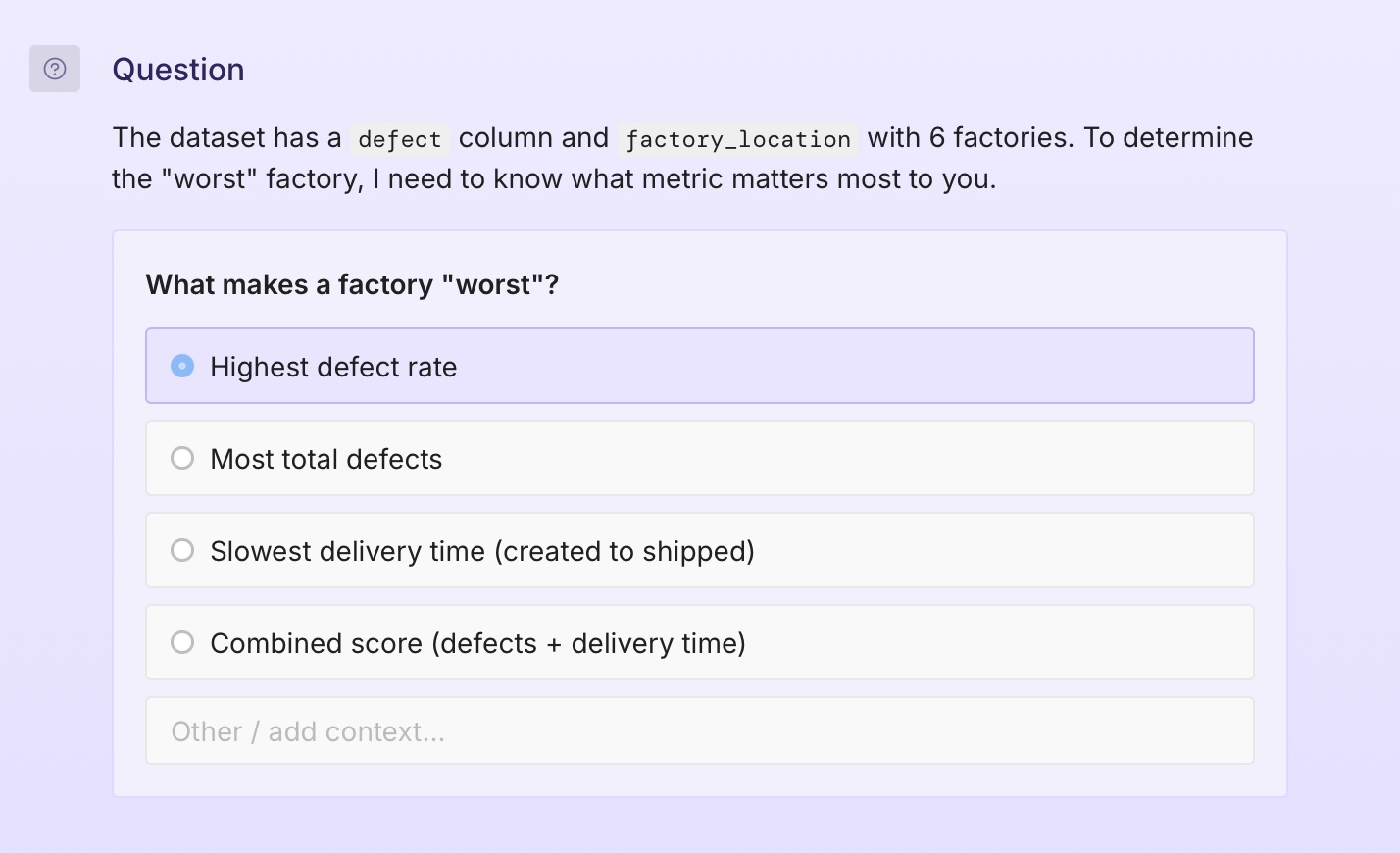 Screenshot of Plotly Studio that shows a questionnaire asking how to define 'worst'.