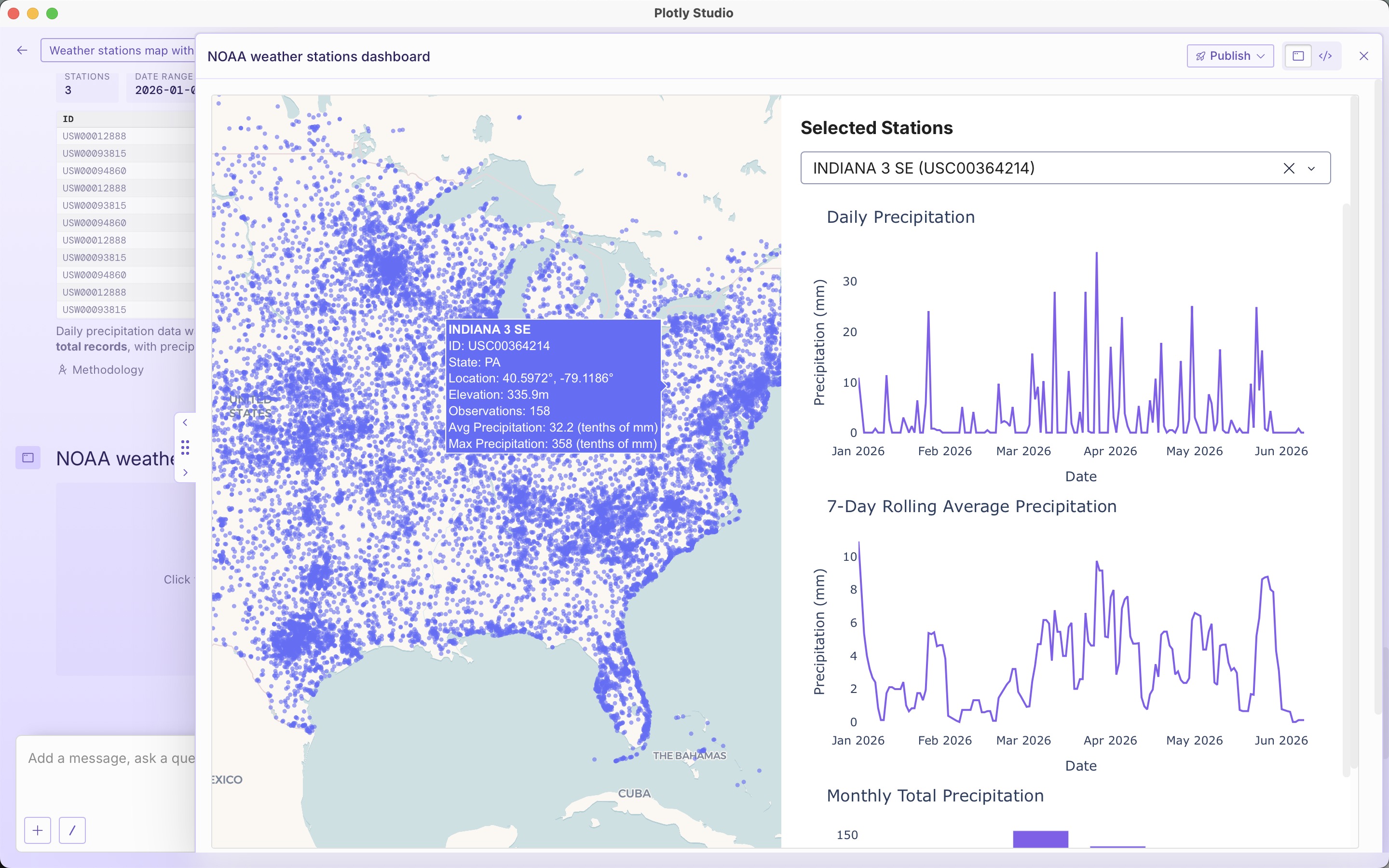 Dash app showing map on the left and time series on the right.