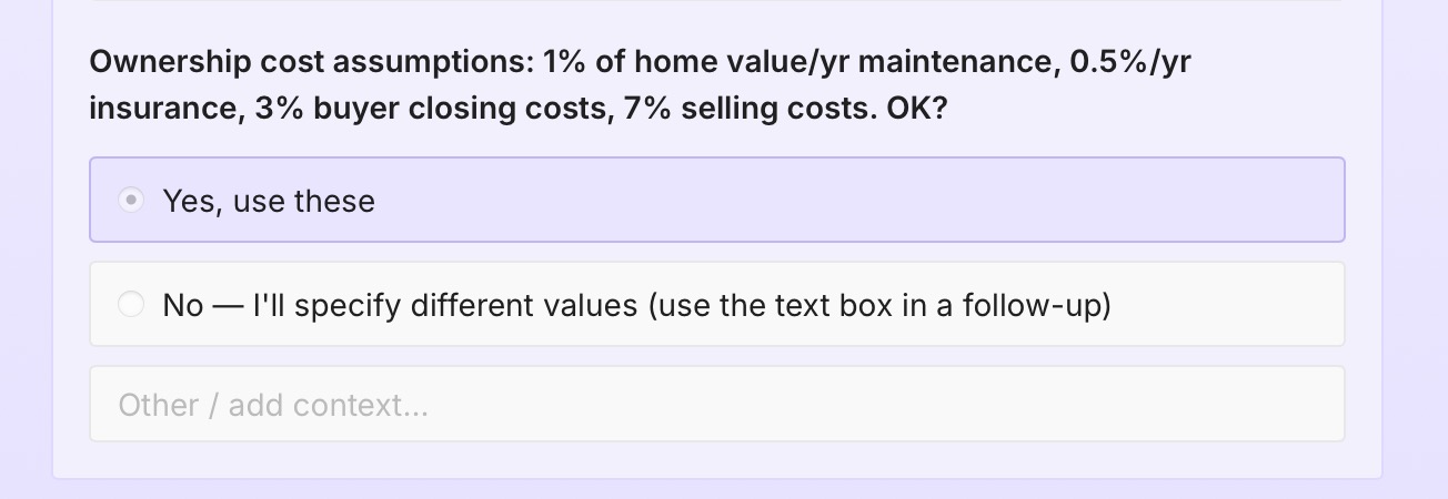 A screenshot of Plotly Studio asking to confirm the ownership cost assumptions in the rent-vs-buy model: maintenance, insurance, and buyer and seller closing costs.