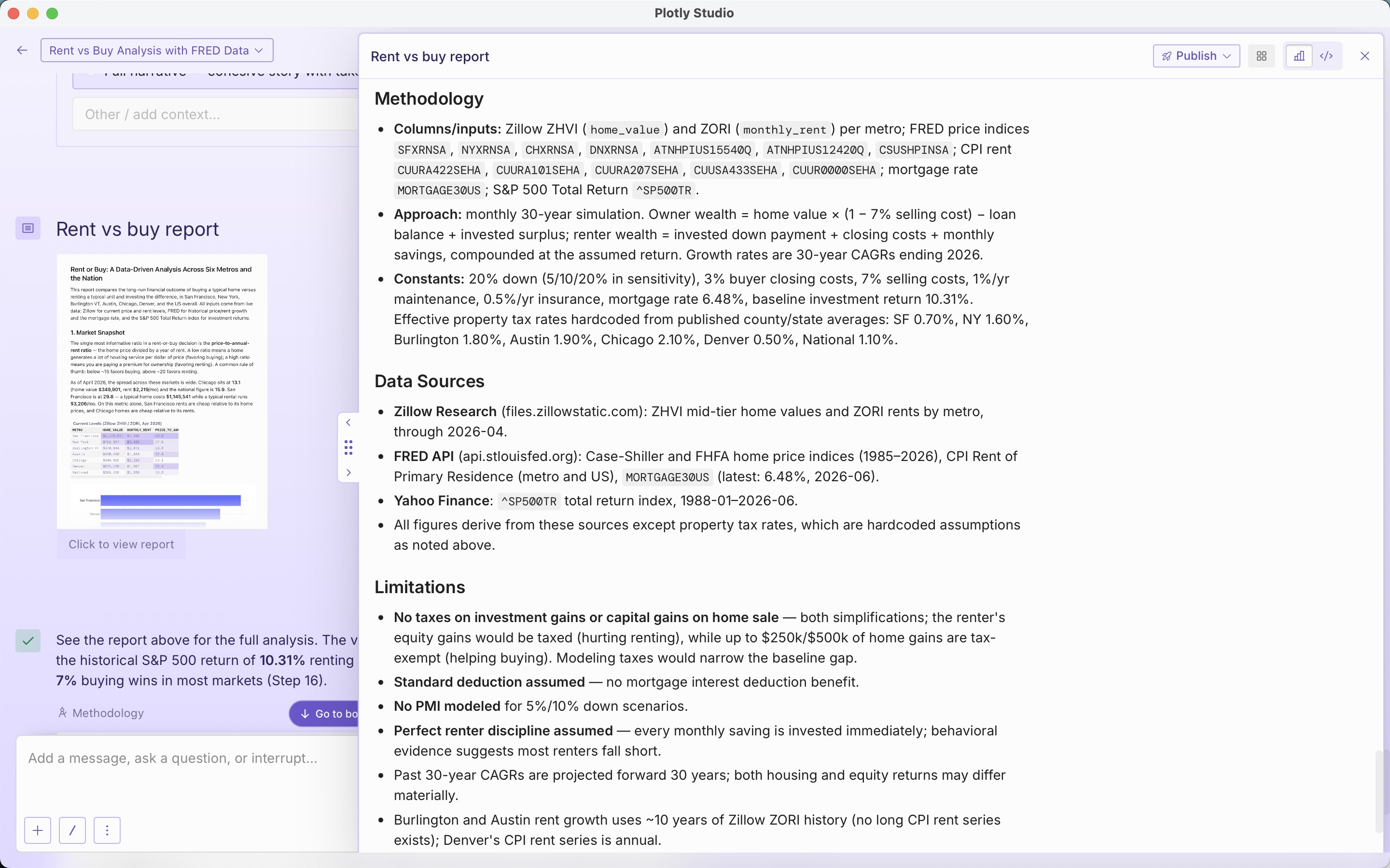 A screenshot of the methodology section of the rent-vs-buy report, listing the columns and inputs, approach, constants, data sources, and limitations.