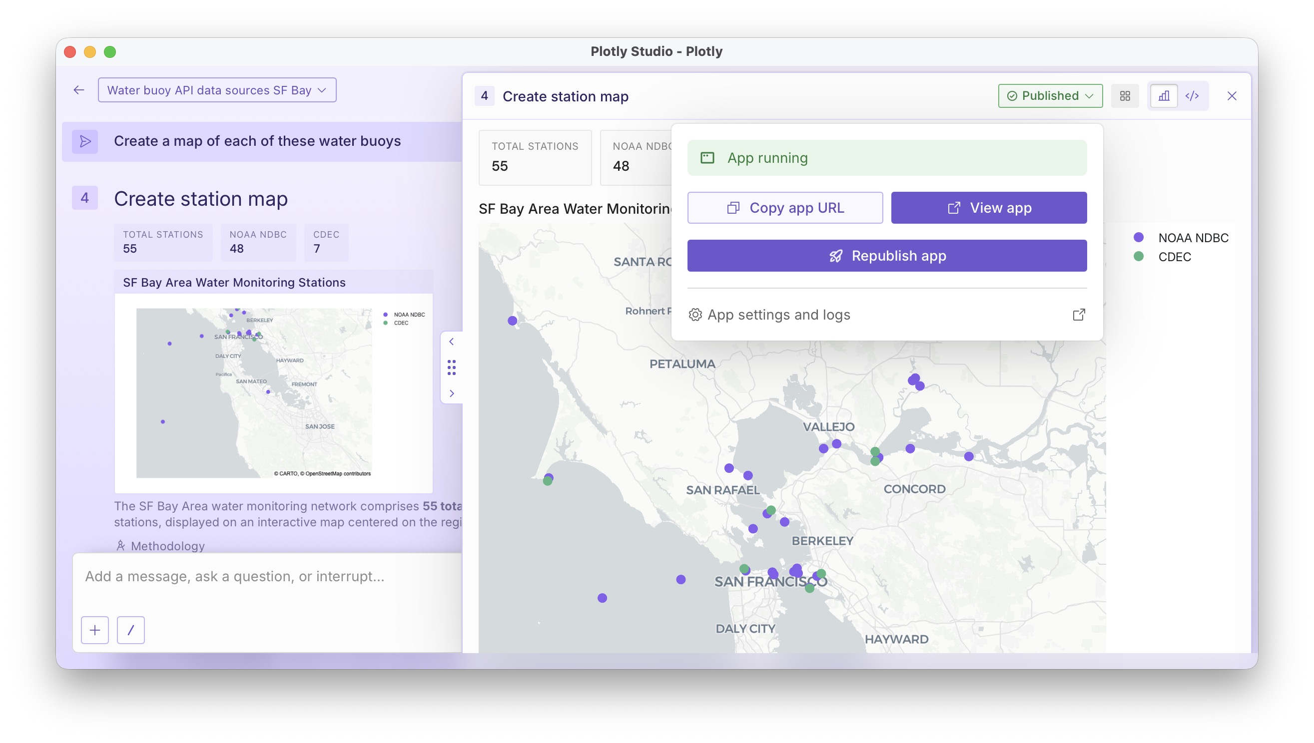 Screenshot of a graph in Studio that is published, showing the 'Publish' popover that appears for each artifact.