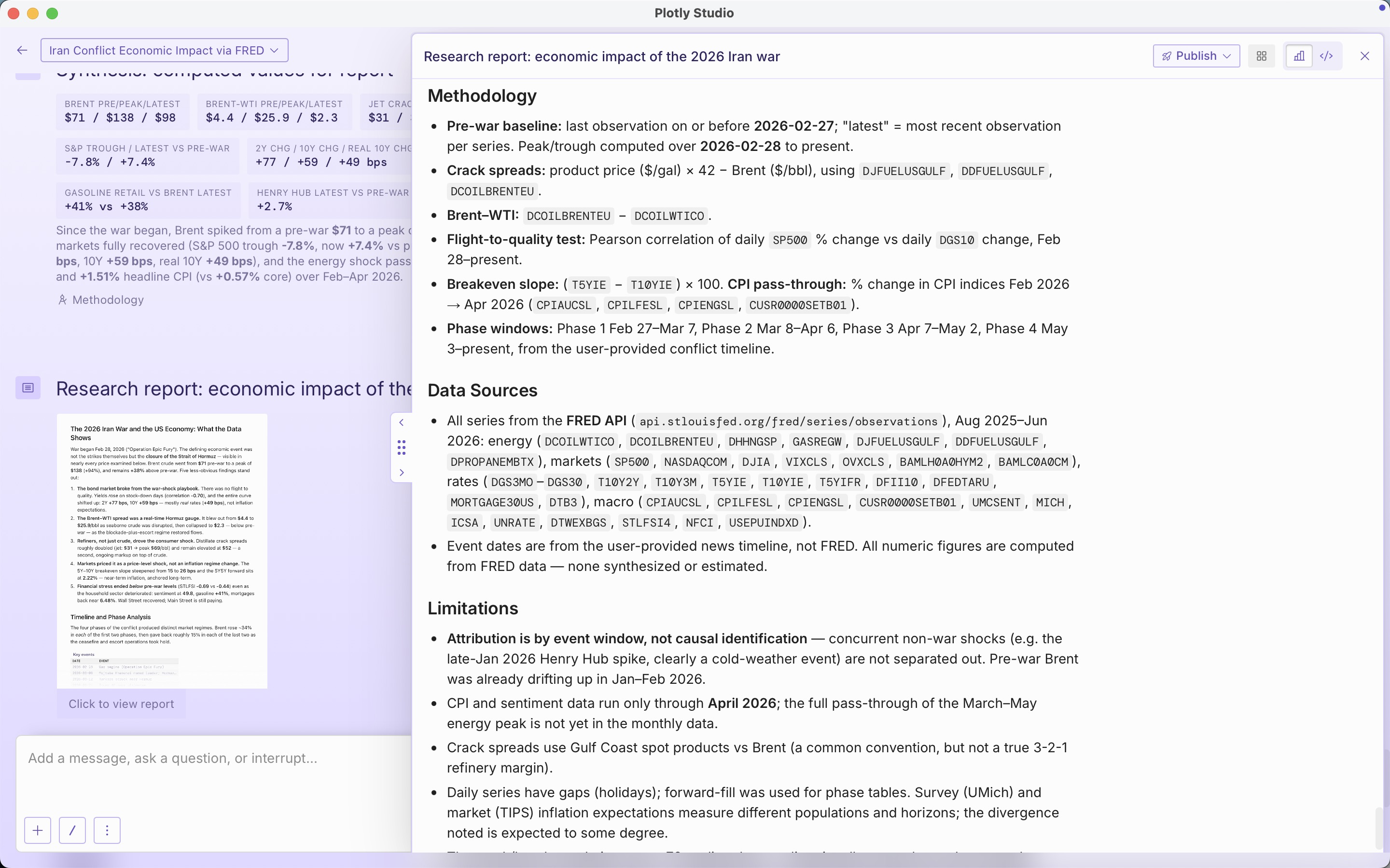 A screenshot of the methodology section of the economic impact report, listing the FRED series used, data sources, and limitations like attribution by event window rather than causal identification.