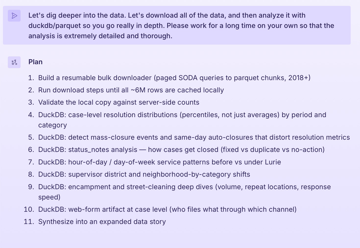 A screenshot of an 11-step plan in Plotly Studio to download all ~6M rows of 311 data and analyze it with DuckDB, in response to a prompt asking it to work for a long time on its own.