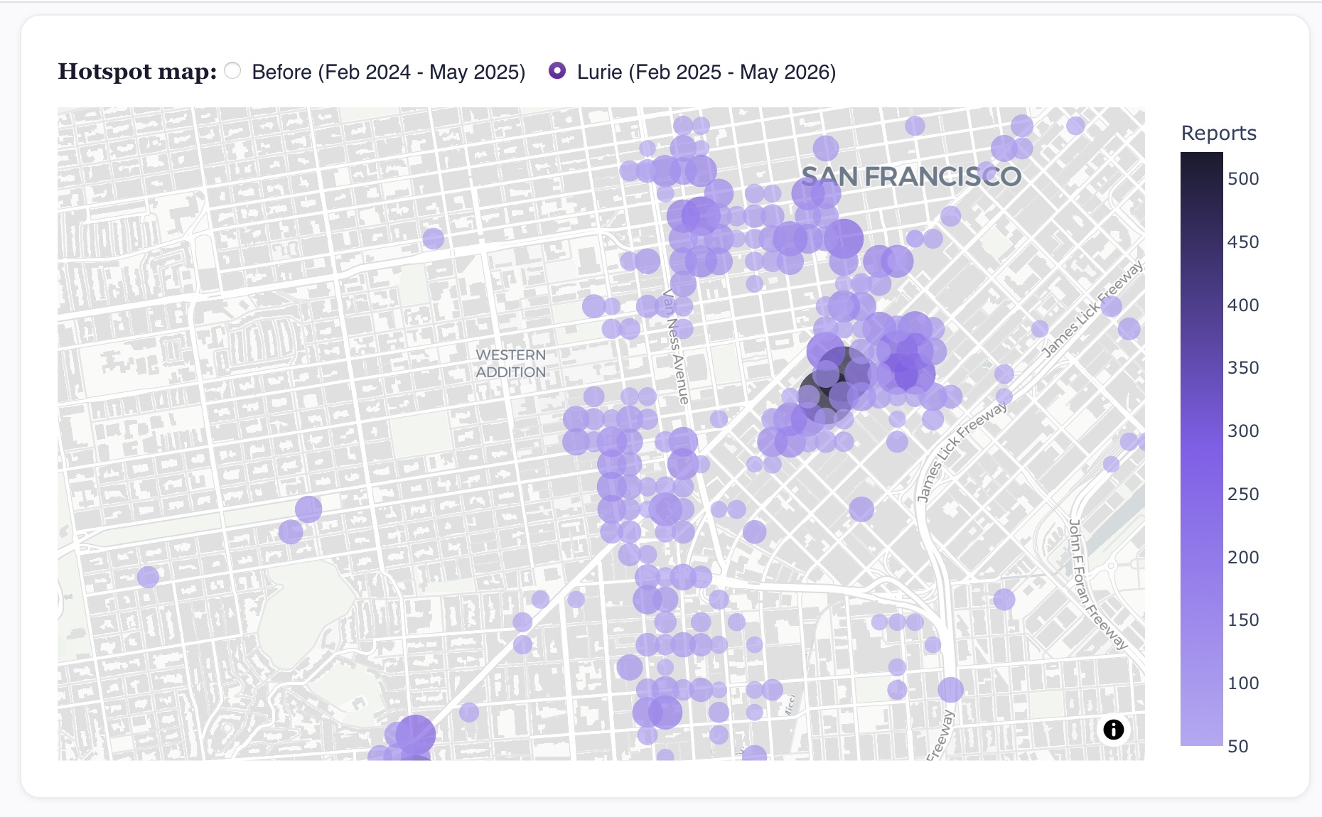 A hotspot map of 311 reports across San Francisco with a toggle to switch between the before period and the Lurie period.