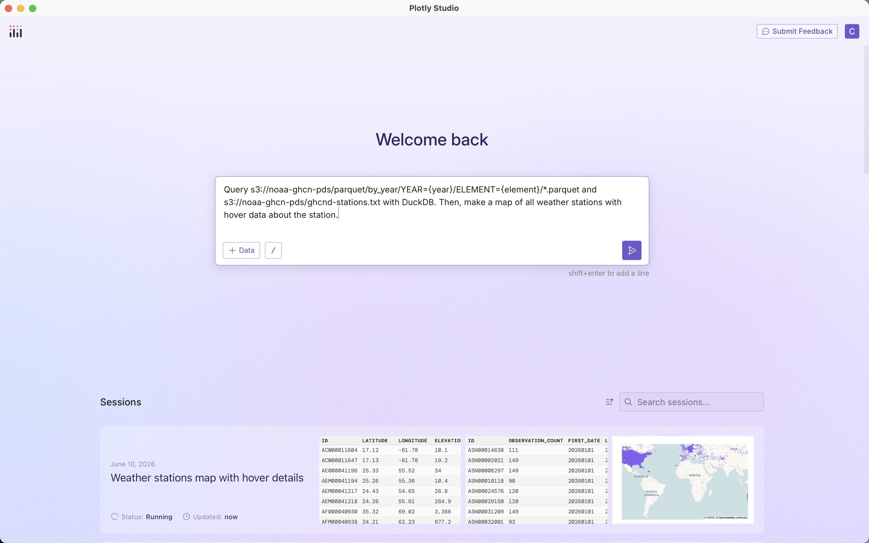 Plotly Studio prompt with the S3 query