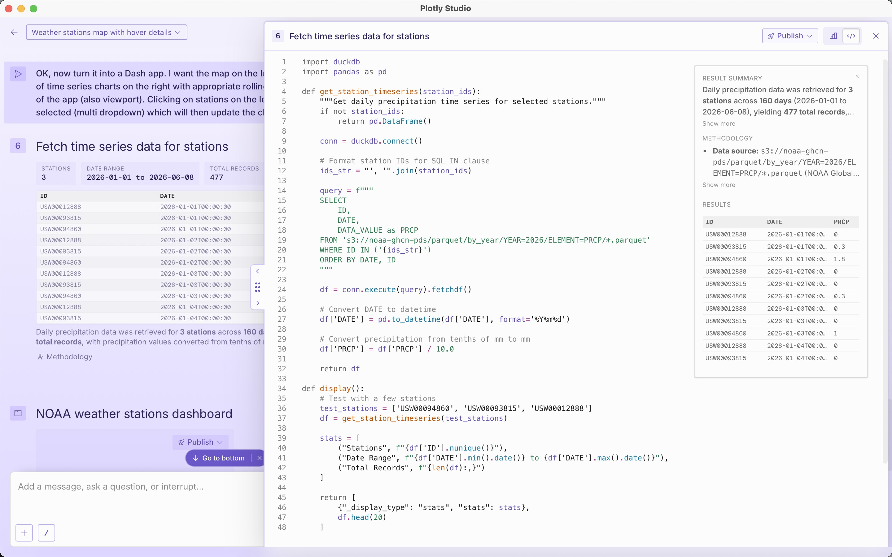 View of the code mode for the step in Plotly Studio