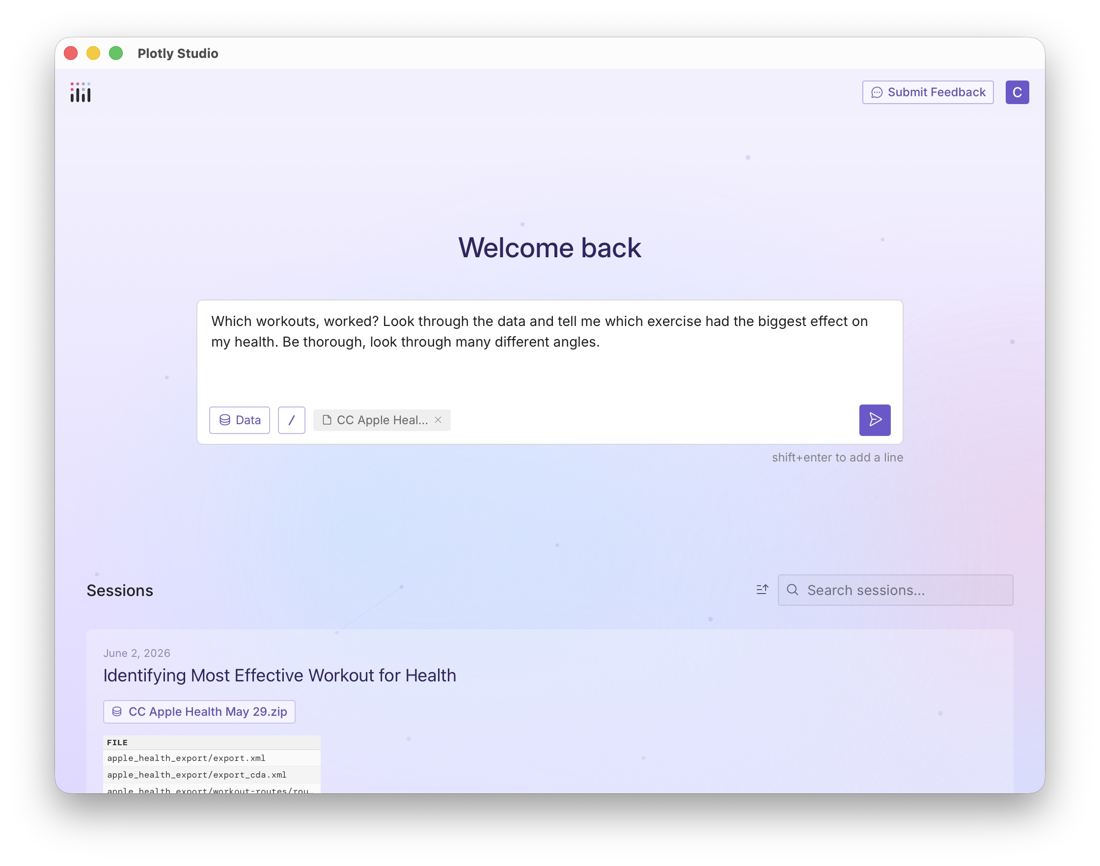 A screenshot of the prompt used in Plotly Studio to analyze the data with the Apple Health ZIP file attached.
