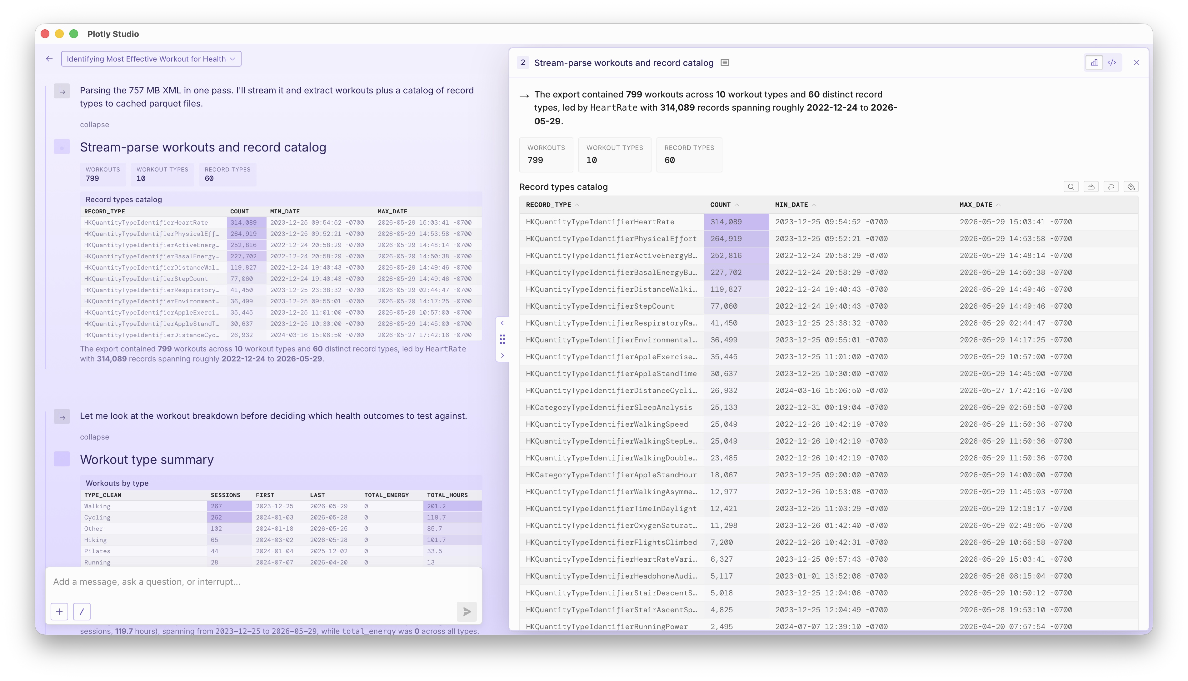 A screenshot of Plotly Studio parsing the Apple Health XML data and displaying the results.