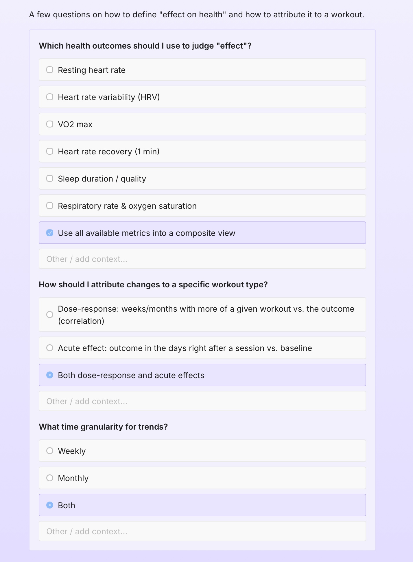 A screenshot of Plotly Studio providing a questionnaire in the middle of its data analysis, asking about
			 the physiological metrics to use.