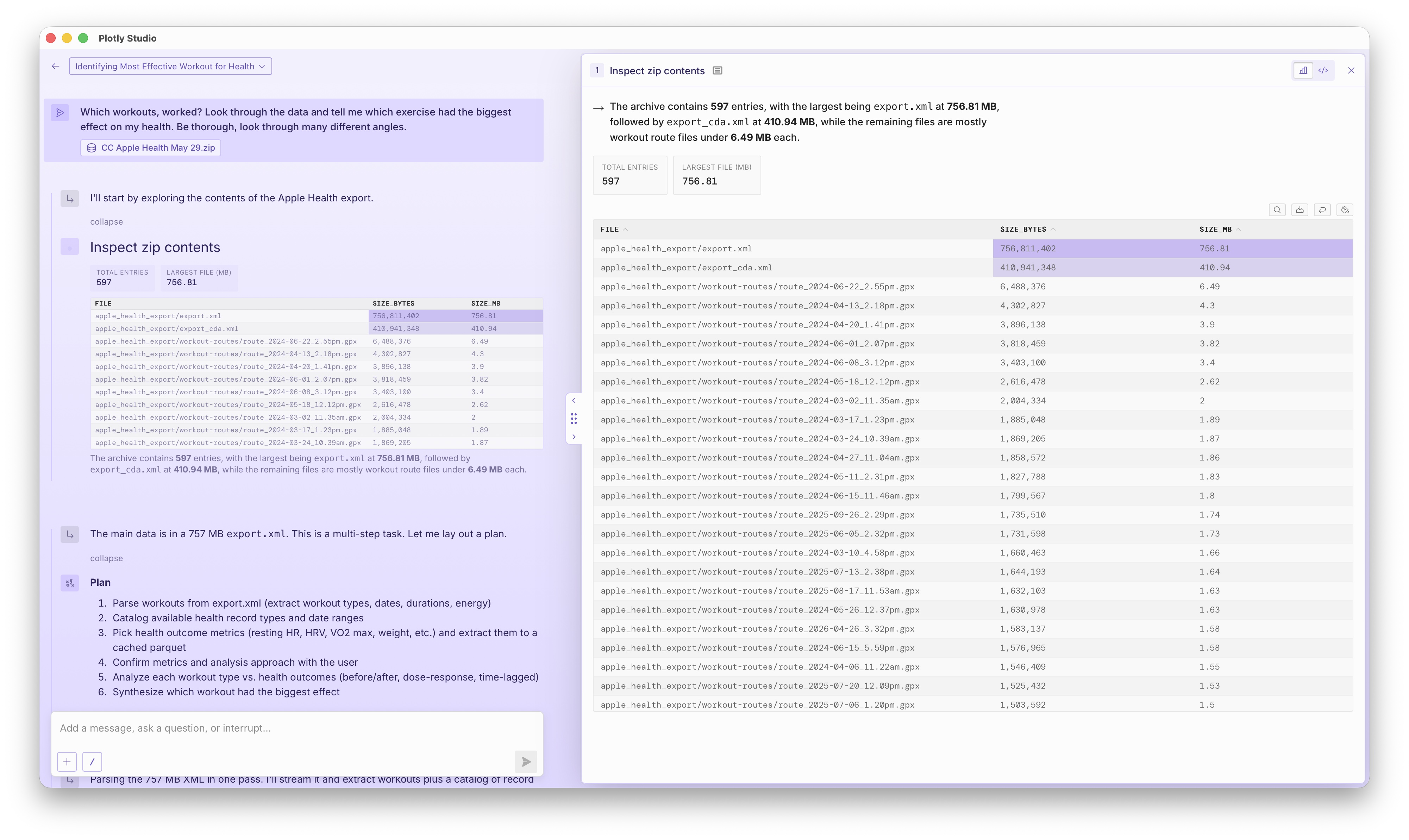 A screenshot of Plotly Studio inspecting the zip files in the Apple Health data.