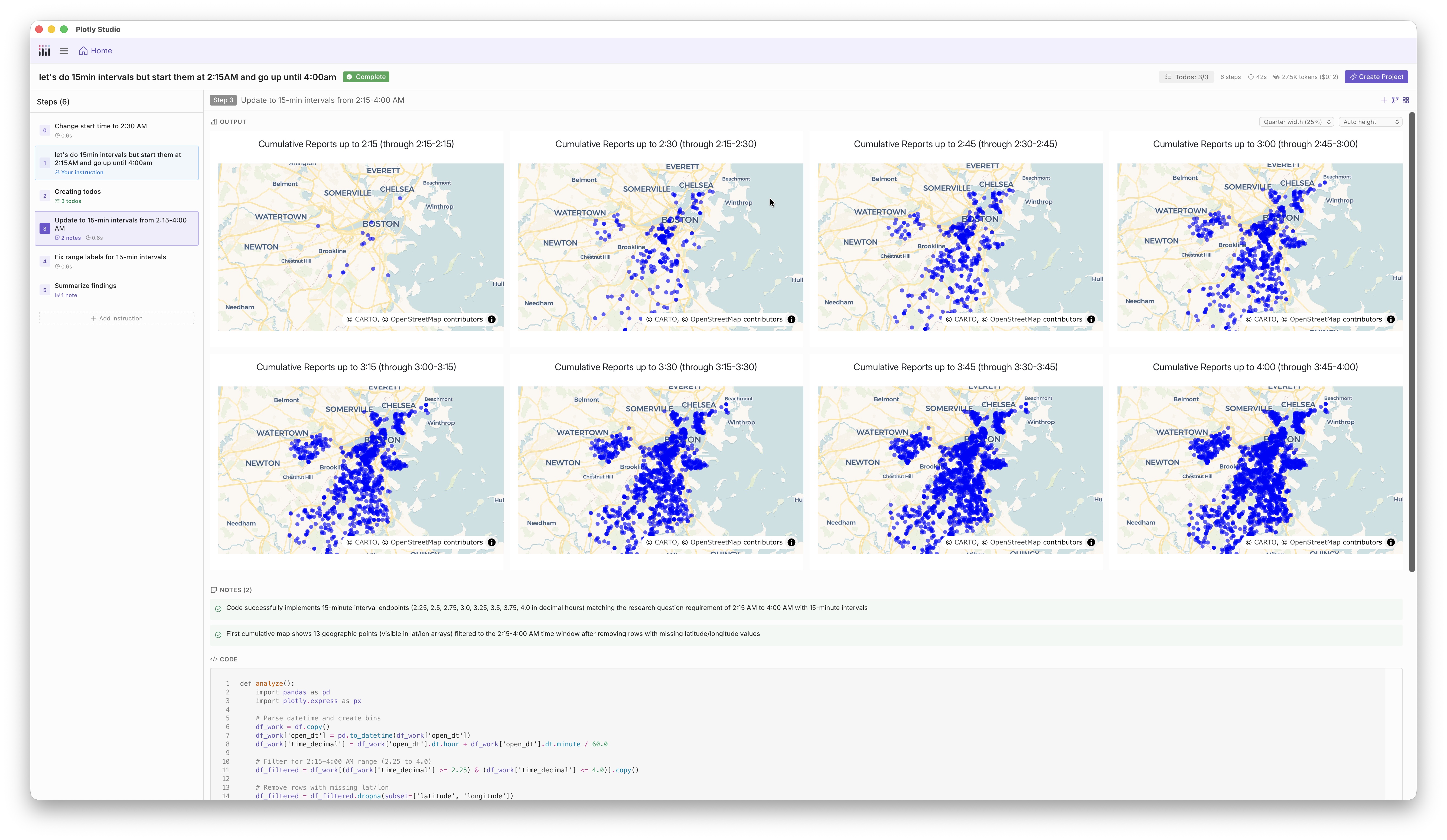 Screenshot of Plotly Studio that shows a series of snow-related 311 complaints rolling through
Boston