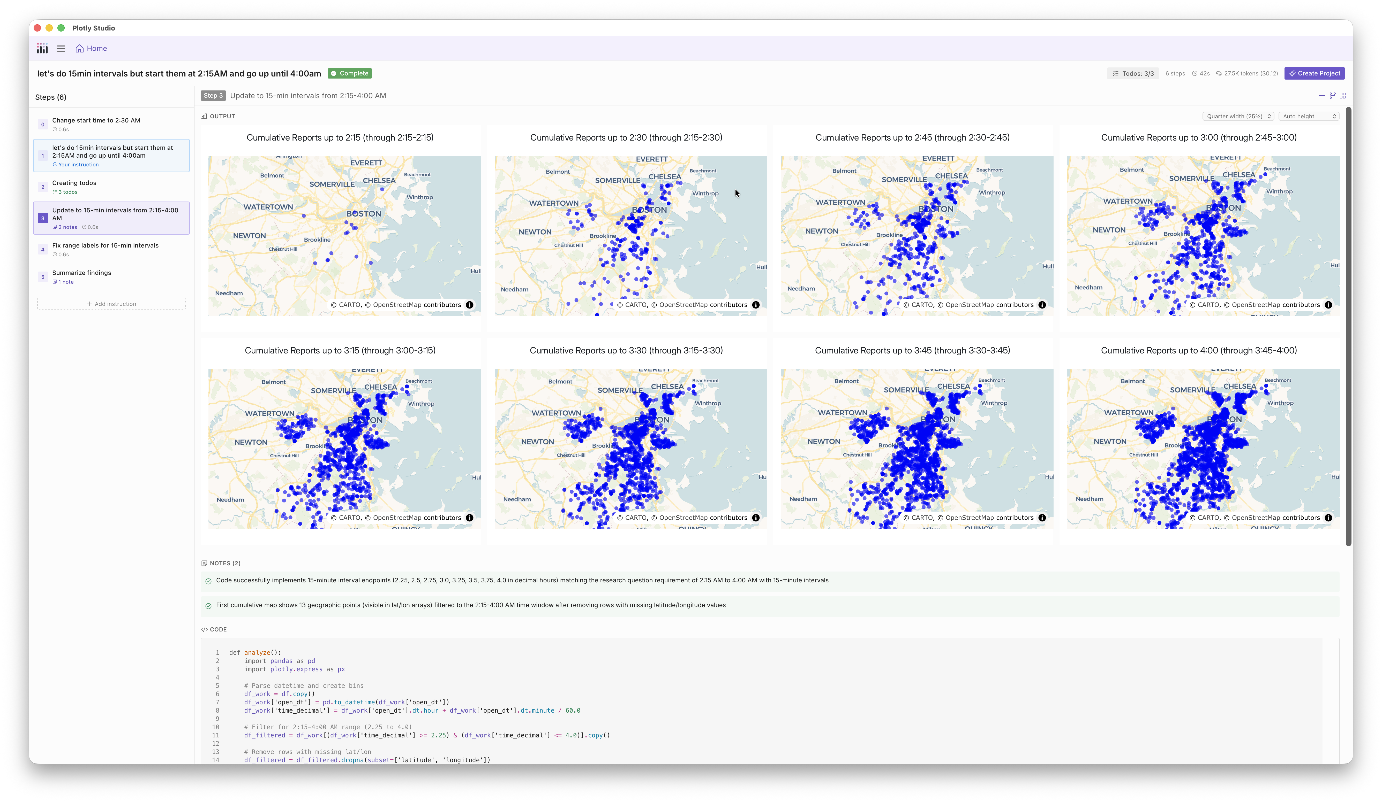 Screenshot of Plotly Studio that shows a series of snow-related 311 complaints rolling through
Boston
