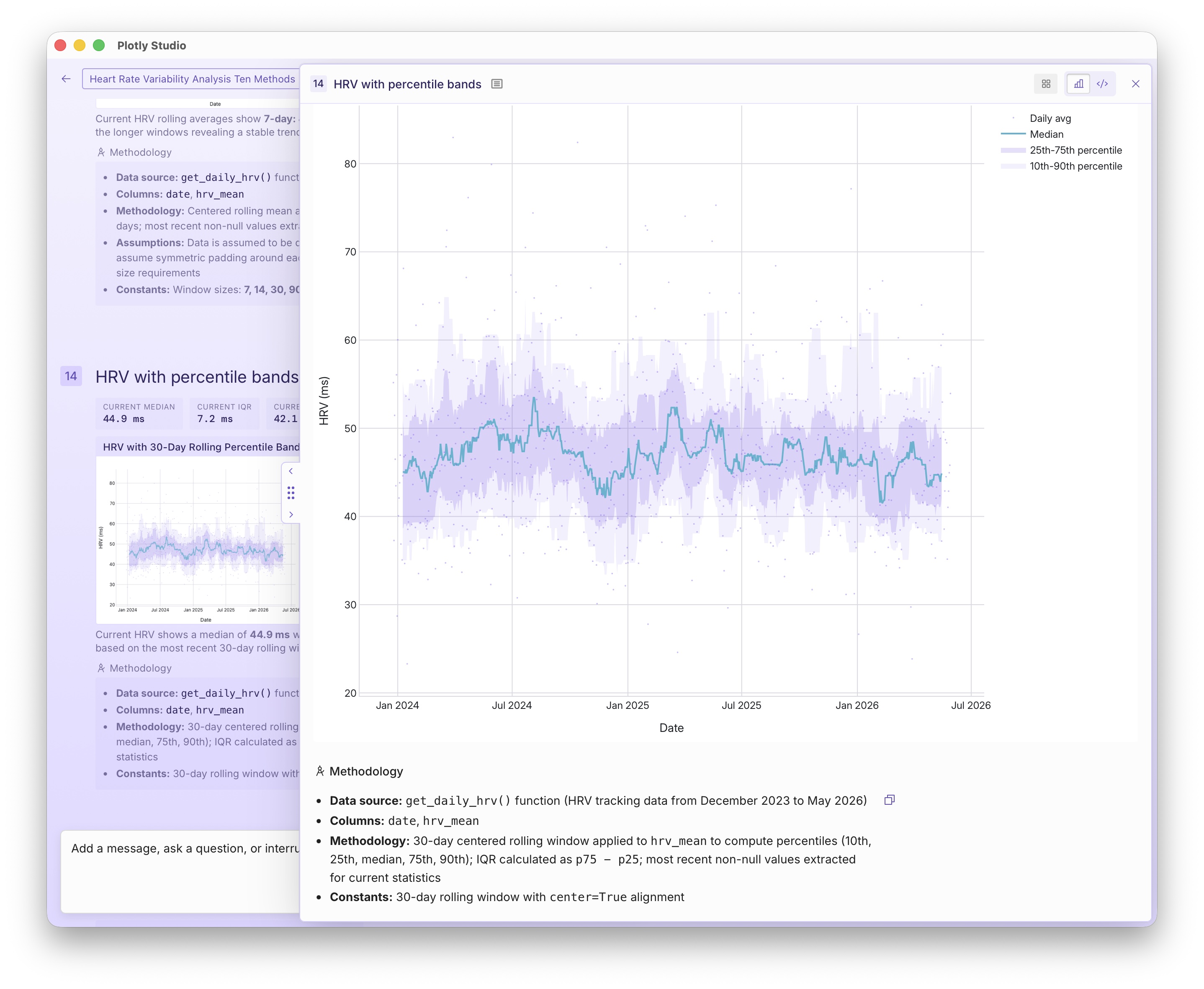 A screenshot of the methodology UI in Plotly Studio which showcases things
			 like the data source, columns, formulas, assumptions, and more.