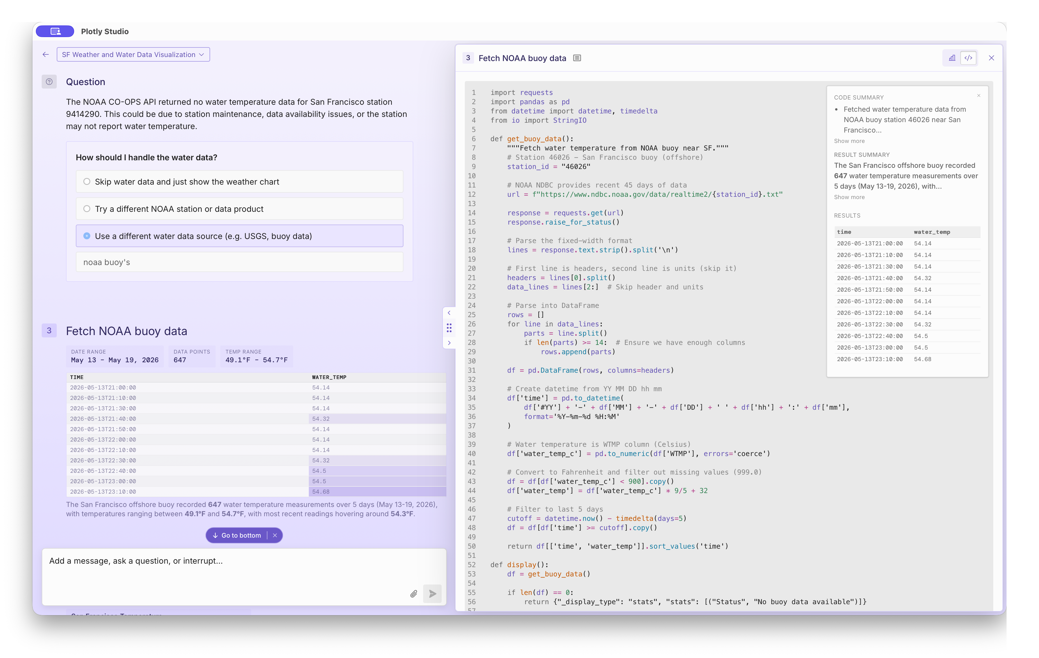 The code that Plotly Studio generated to fetch the data from NOAA.