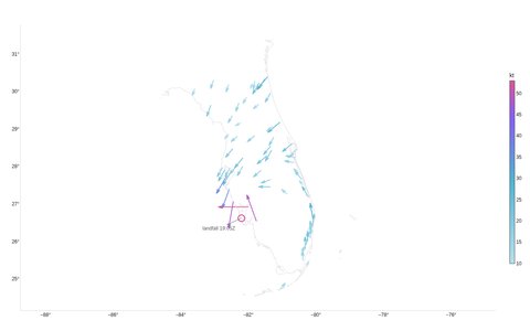Hurricane Ian's cyclonic wind field over Florida at landfall, from ASOS stations