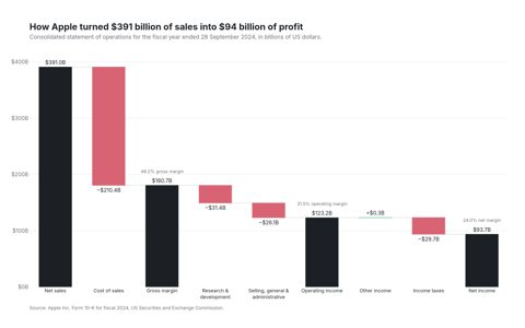 Waterfall chart of Apple's fiscal 2024 income statement from 391 billion dollars of net sales down through costs and taxes to 94 billion of net income