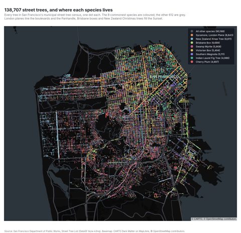 Dark map of San Francisco with every street tree drawn as a small coloured dot, the eight commonest species in orange, blue, green, pink, yellow, purple, teal and red and the rest in grey, so the street grid appears from the trees alone
